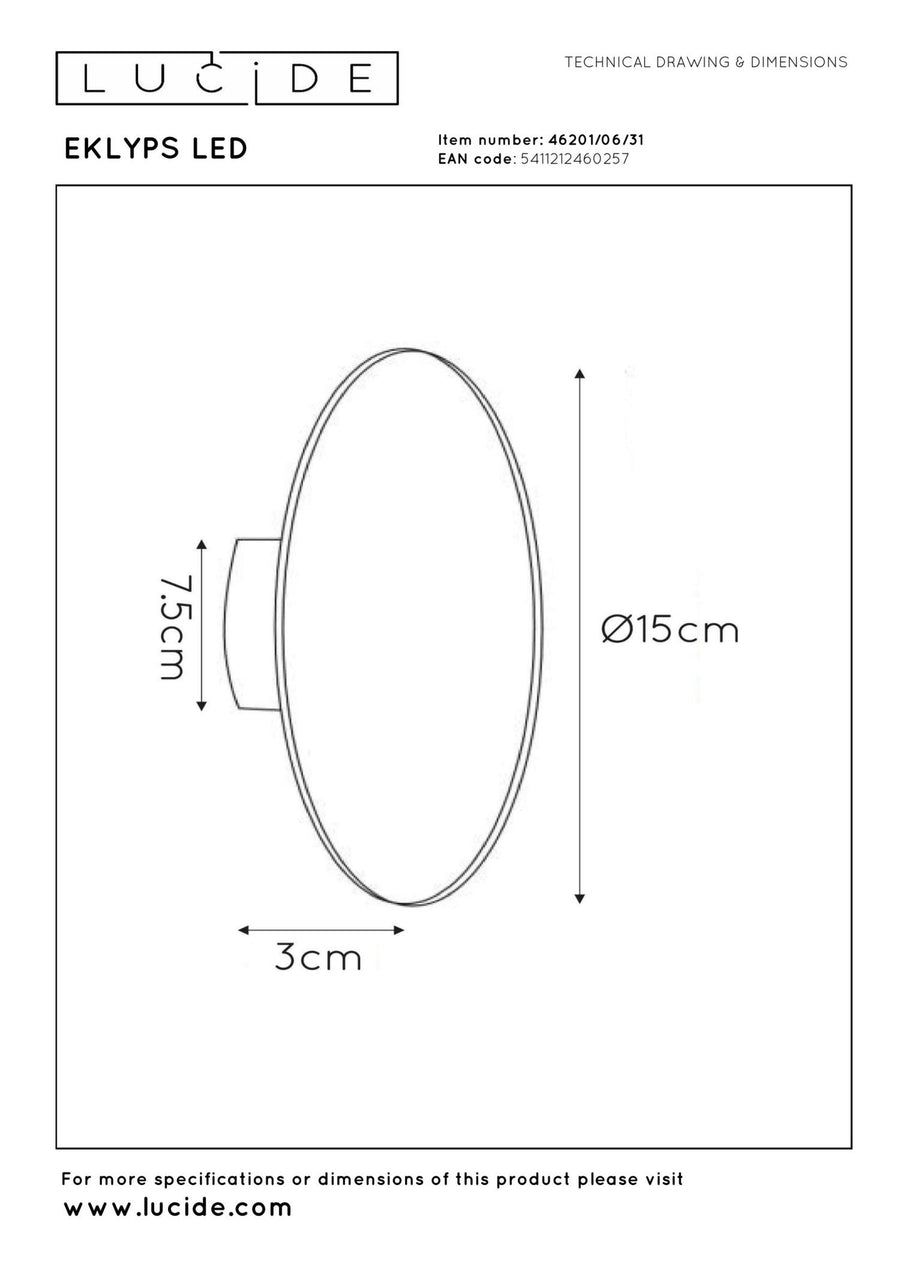 Lucide EKLYPS LED-wandlamp Ø 15 cm, 7 W, wit
