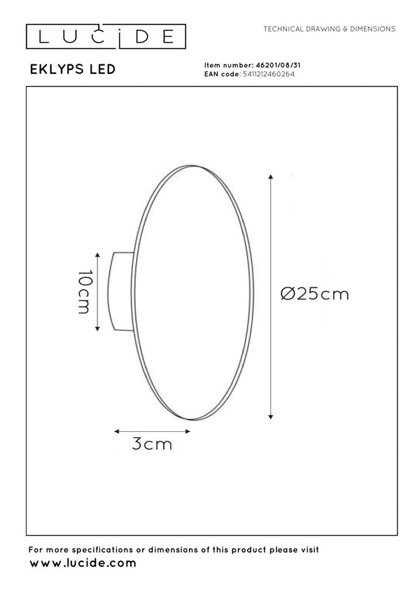 Lucide EKLYPS LED-wandlamp Ø 25 cm, 9 W, wit