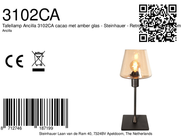 Tafellamp ancilla 3102ca cacao touch on/off met amber glas