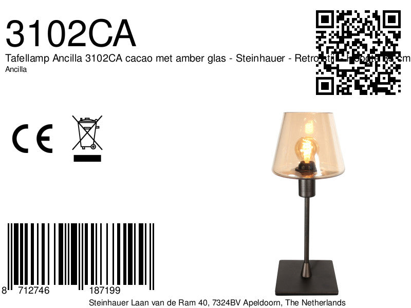 Tafellamp ancilla 3102ca cacao touch on/off met amber glas