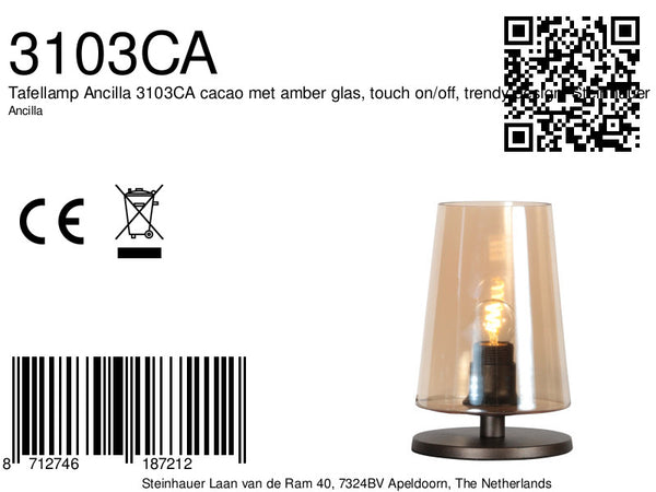 Tafellamp ancilla 3103ca cacao touch on/off met amber glas