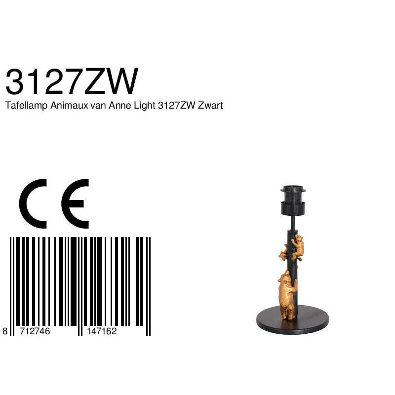 Goud met zwarte tafellamp animaux 3127zw e27 fitting
