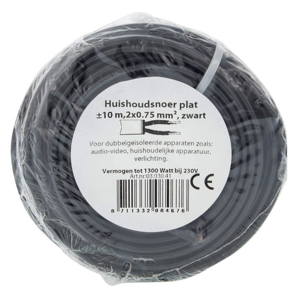 Huishoudsnoer plat 2x0.75 zwart      10m