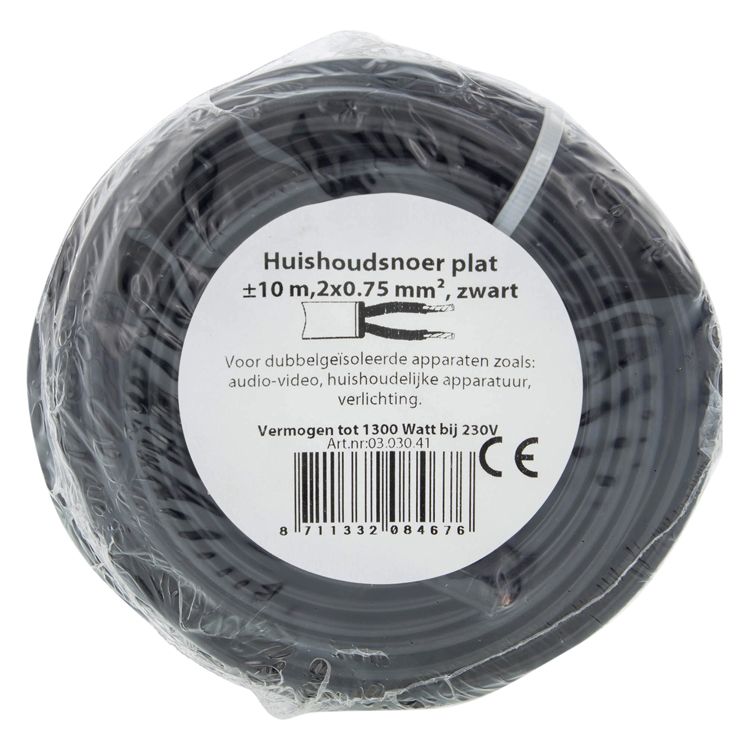 Huishoudsnoer plat 2x0.75 zwart      10m