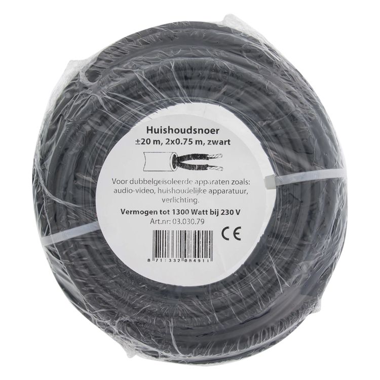 Huishoudsnoer vmvs 2x0.75 zwart      20m