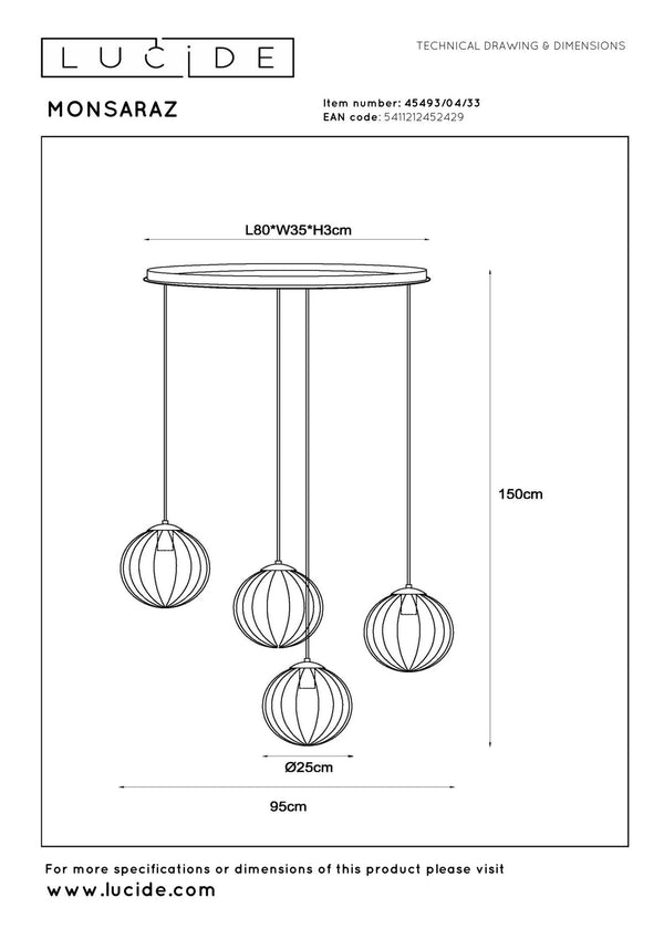 Lucide MONSARAZ hanglamp 4 × E27, groen