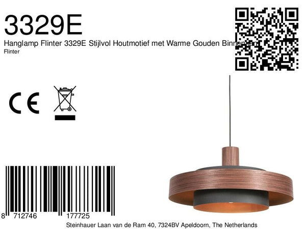 Hanglamp flinter 3329e stijlvol houtmotief met warme gouden binnenkant