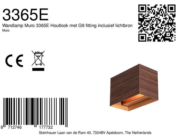 Wandlamp Muro 3365E Houtlook met G9 fitting inclusief lichtbron