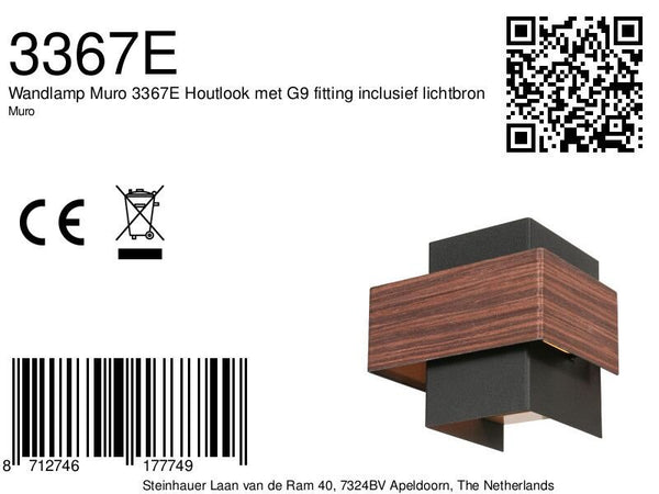 Wandlamp Muro 3367E Houtlook met G9 fitting inclusief lichtbron