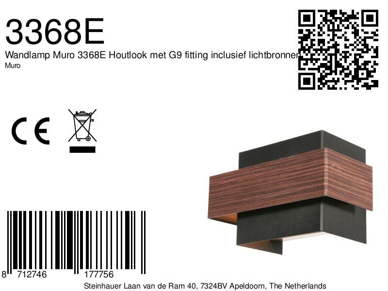 Wandlamp Muro 3368E Houtlook met G9 fitting inclusief lichtbronnen