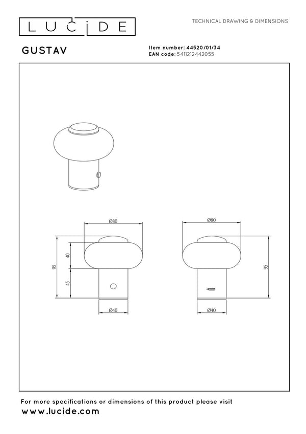 Lucide GUSTAV oplaadbare LED-tafellamp met dimfunctie, Ø 8 cm, 0,8 W, geel