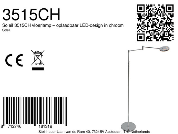 Soleil 3515CH vloerlamp – oplaadbaar LED-design in chroom