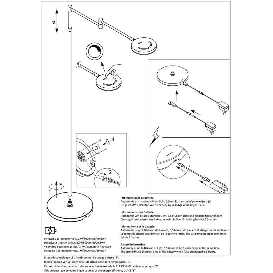 Zwarte vloerlamp Soleil 3515GO met goudkleurige details – Oplaadbare accu en zwenkarm