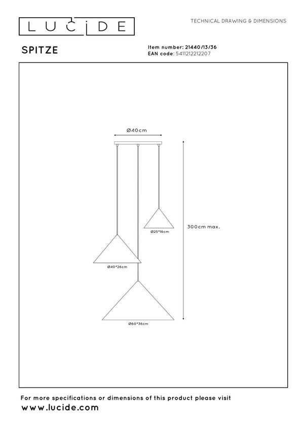 Lucide SPITZE hanglamp Ø 68 cm, 3 × E27, grijs