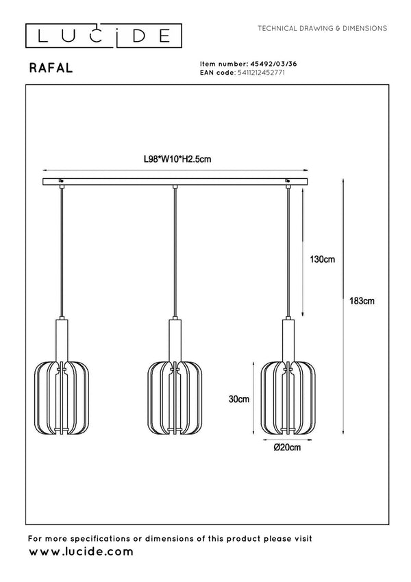 Lucide RAFAL hanglamp 3 × E27, grijs