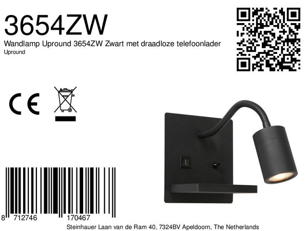 Wandlamp upround 3654zw zwart met draadloze telefoonlader