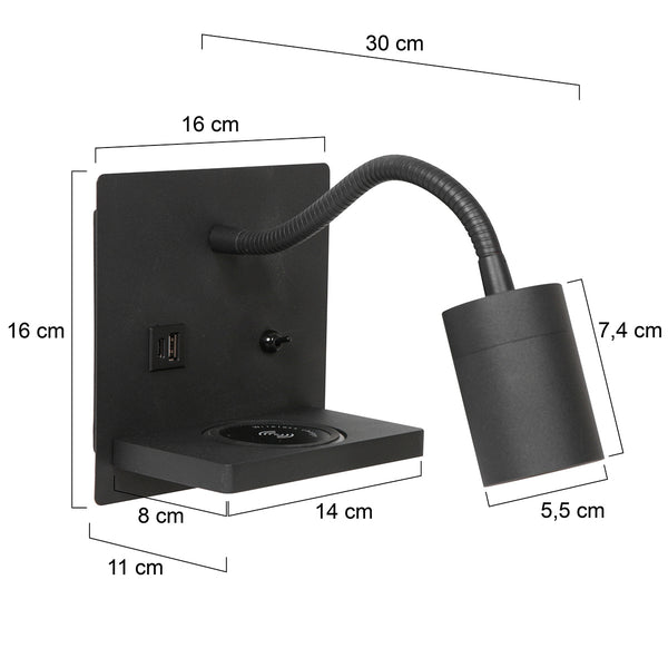 Wandlamp upround 3654zw zwart met draadloze telefoonlader