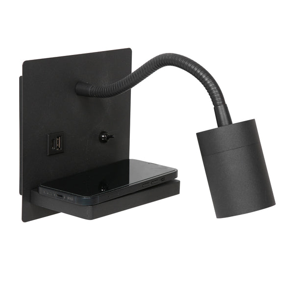 Wandlamp upround 3654zw zwart met draadloze telefoonlader