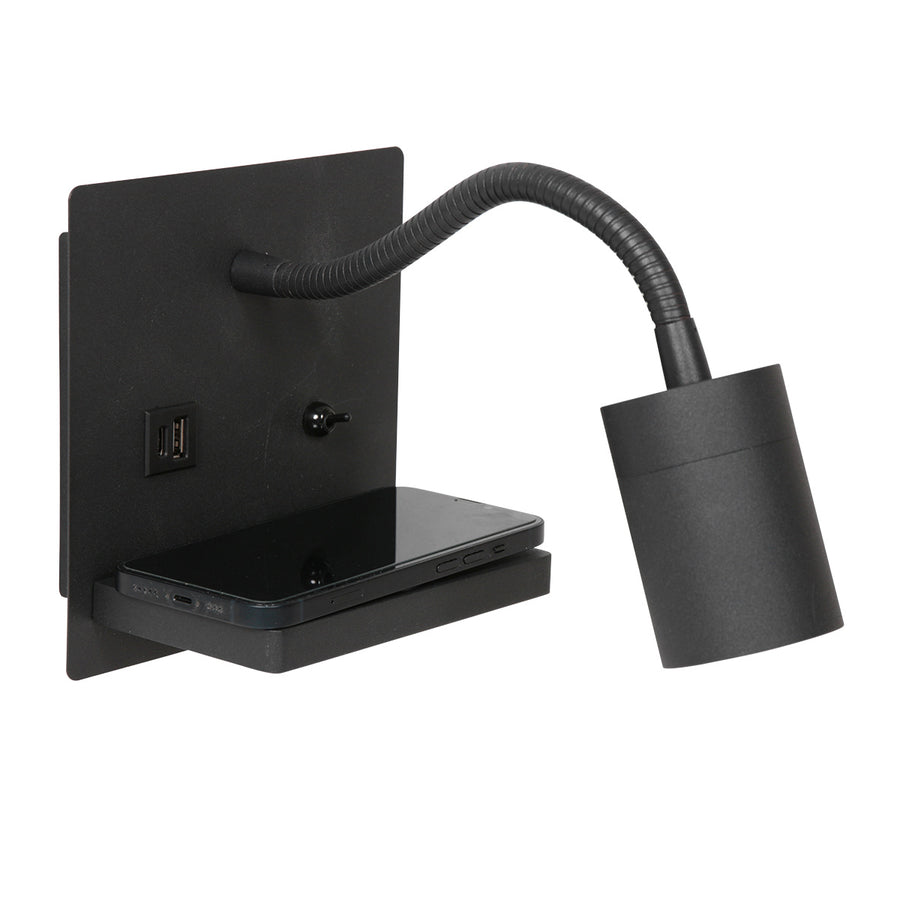 Wandlamp upround 3654zw zwart met draadloze telefoonlader