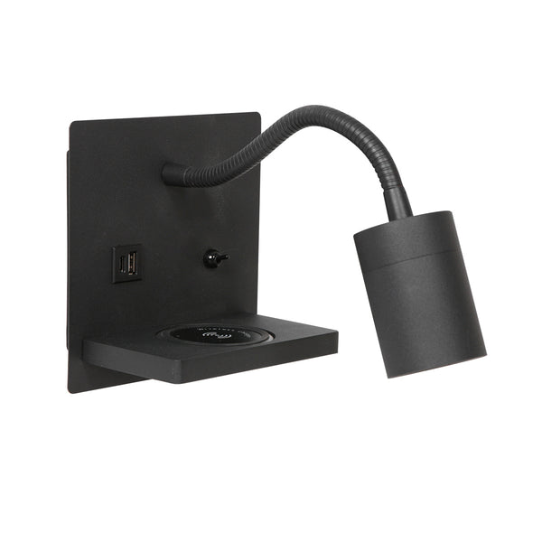 Wandlamp upround 3654zw zwart met draadloze telefoonlader