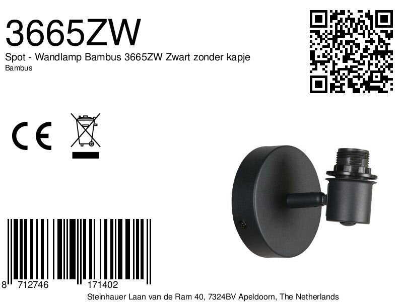 Spot wandlamp bambus 3665zw zwarte spot zonder kapje