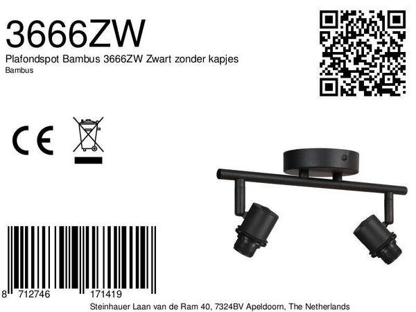 Plafondspot bambus 3666zw zwart zonder kapjes