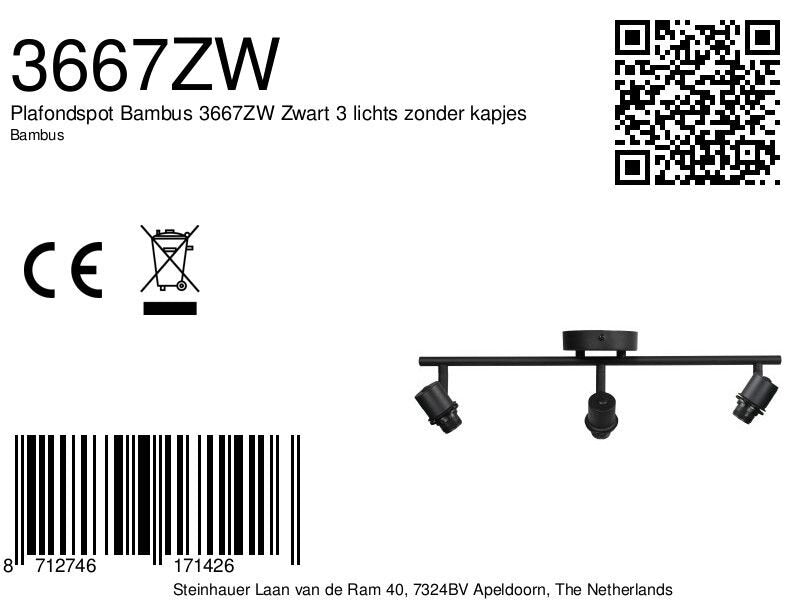 Plafondspot bambus 3667zw zwart 3 lichts zonder kapjes