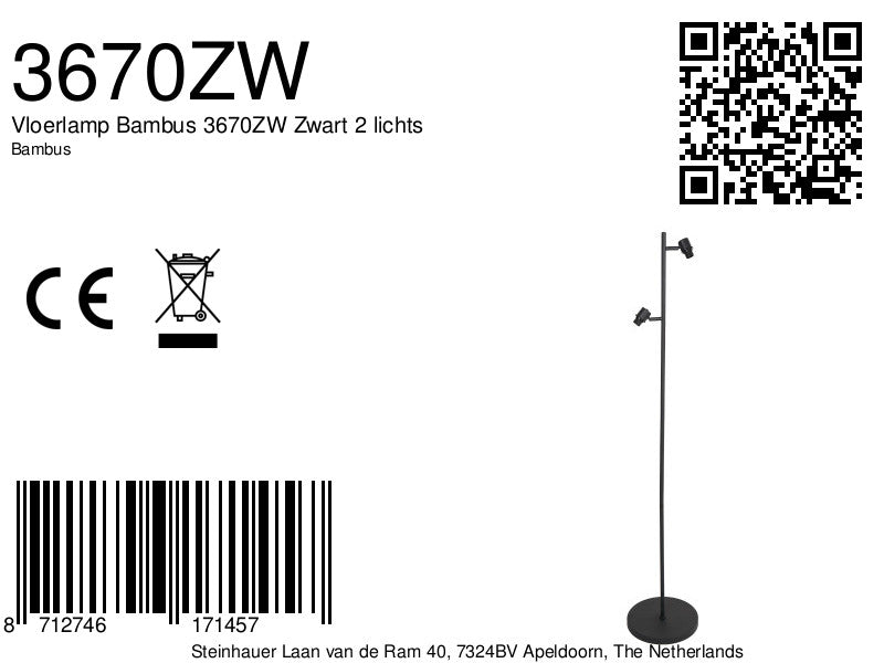 Vloerlamp bambus 3670zw zwart 2 lichts