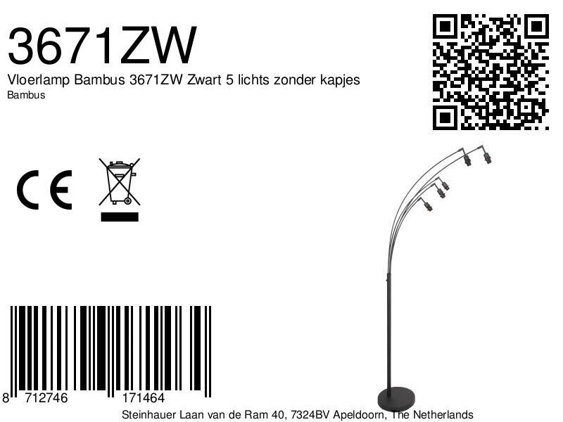Vloerlamp bambus 3671zw zwart 5 lichts zonder kapjes