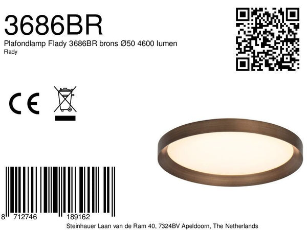Plafondlamp flady 3686br bronzen led lamp ø50 cm met uplight