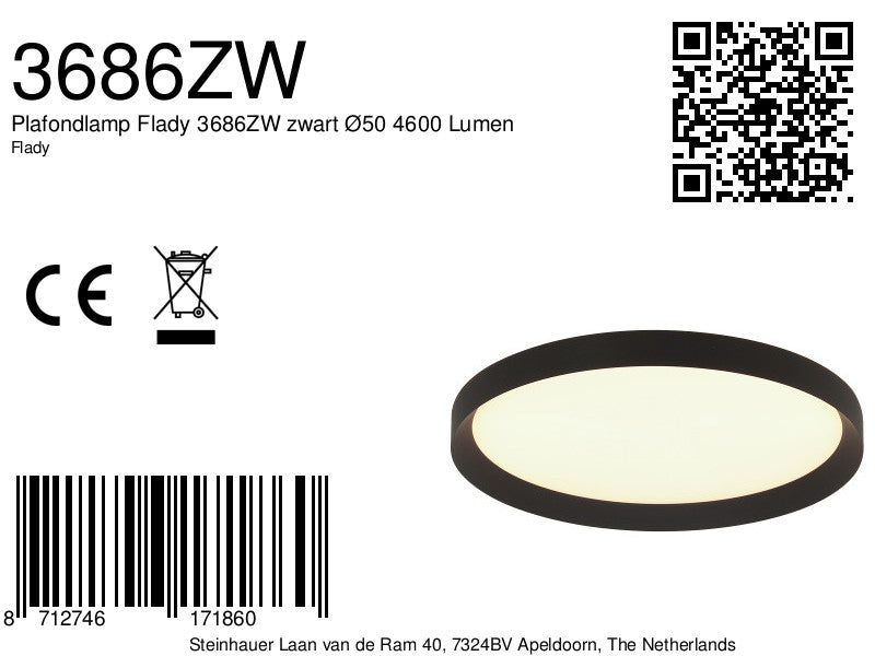 Plafondlamp Flady 3686ZW zwart Ø50 4600 Lumen