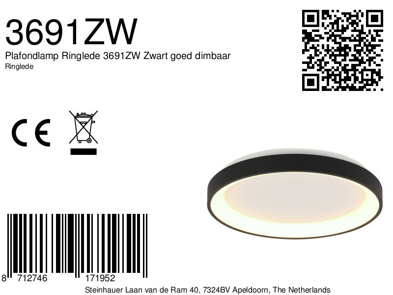 Plafondlamp Ringlede 3691ZW Zwart goed dimbaar