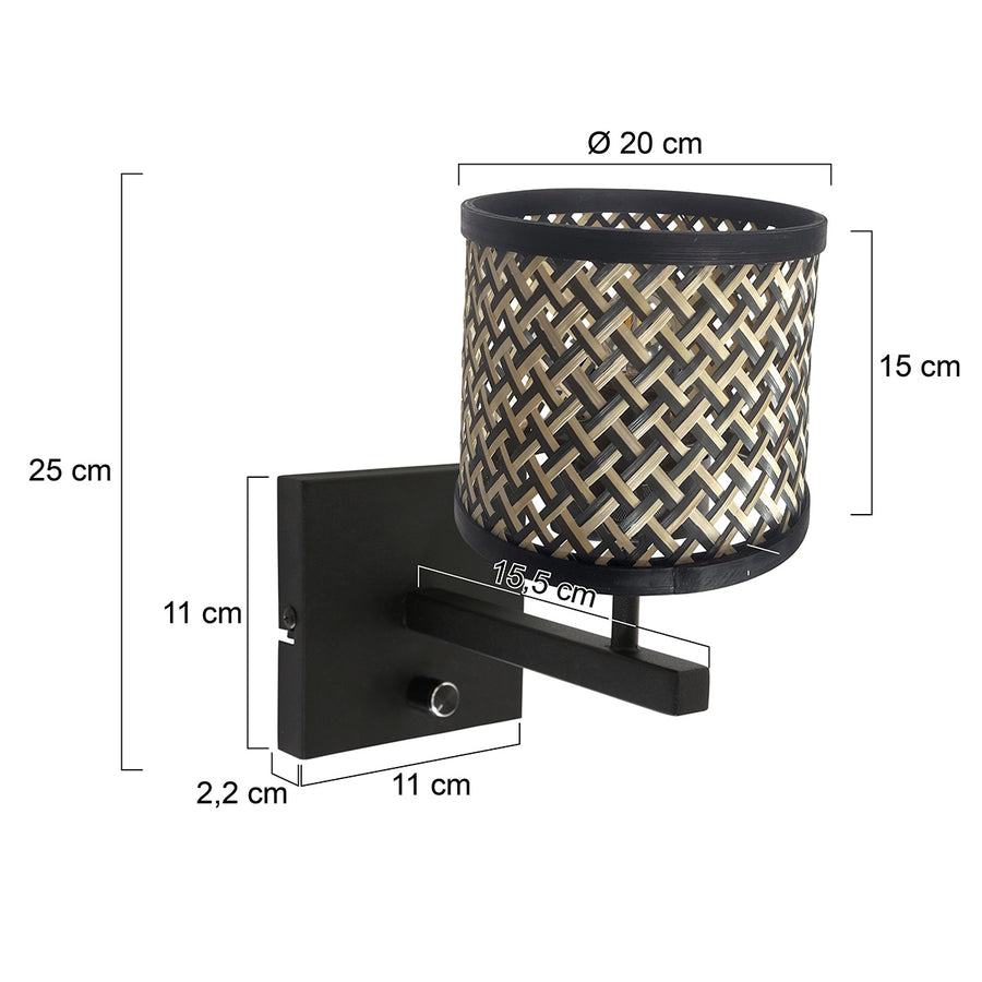 Zwarte wandlamp stang 3709zw met draai schakelaar en naturel zwart bamboe kap