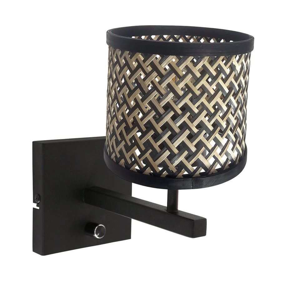 Zwarte wandlamp stang 3709zw met draai schakelaar en naturel zwart bamboe kap