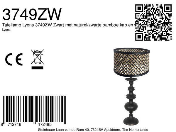 Tafellamp lyons 3749zw zwart met naturel/zwarte bamboe kap en snoer schakelaar