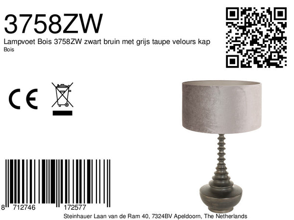 Lampvoet bois 3758zw zwart bruin met grijs taupe velours kap