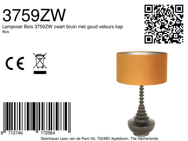 Lampvoet bois 3759zw zwart bruin met goud velours kap