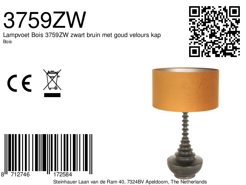 Lampvoet bois 3759zw zwart bruin met goud velours kap