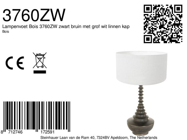 Lampenvoet bois 3760zw zwart bruin met grof wit linnen kap