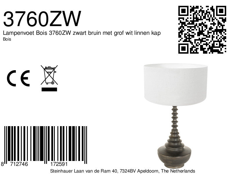Lampenvoet bois 3760zw zwart bruin met grof wit linnen kap