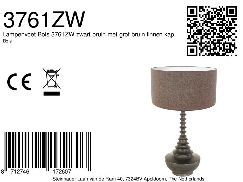 Lampenvoet bois 3761zw zwart bruin met grof bruin linnen kap
