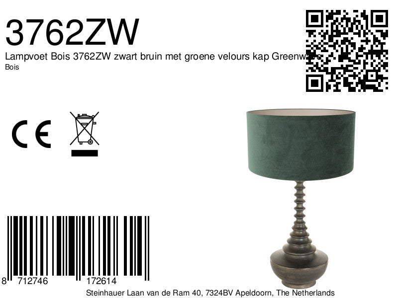 Lampvoet bois 3762zw zwart bruin met groene velours kap greenwave