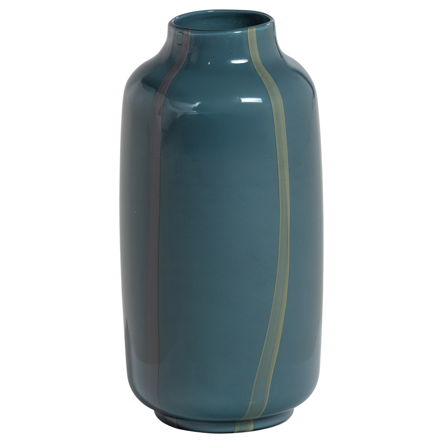 Selena vaas glas petrolblauw met streep grijs