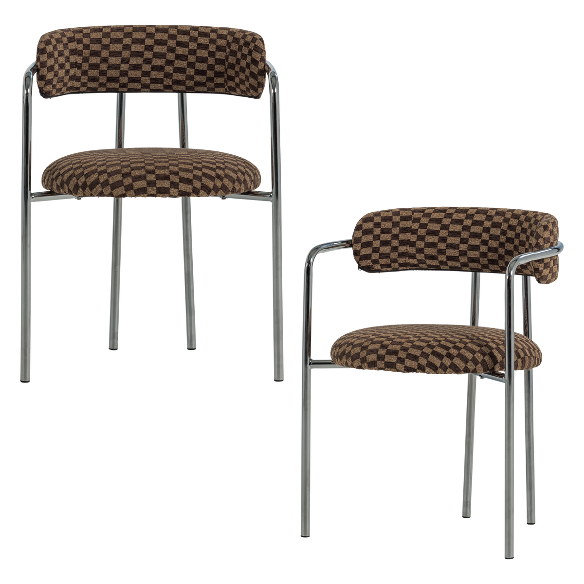 Cuby eetkamerstoel chroom ruitstof bruin - set van 2