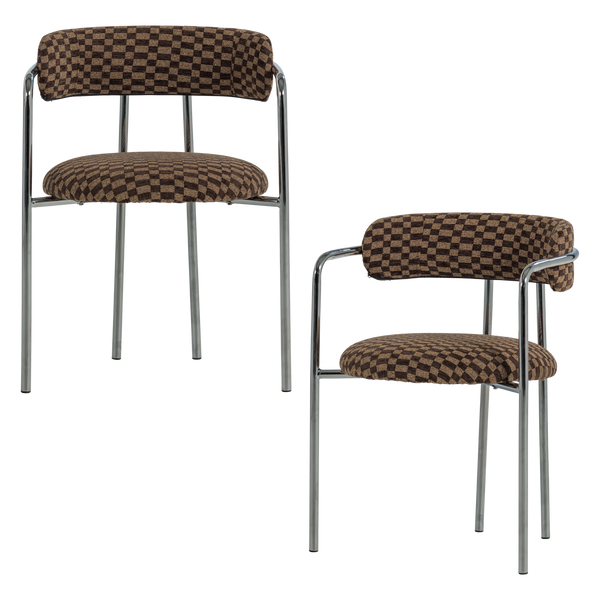 Cuby eetkamerstoel chroom ruitstof bruin - set van 2