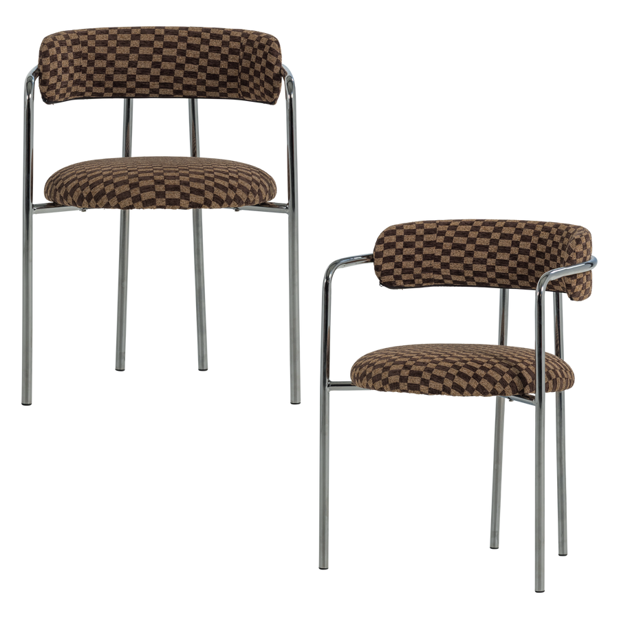 Cuby eetkamerstoel chroom ruitstof bruin - set van 2