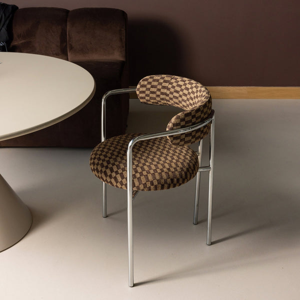 Cuby eetkamerstoel chroom ruitstof bruin - set van 2