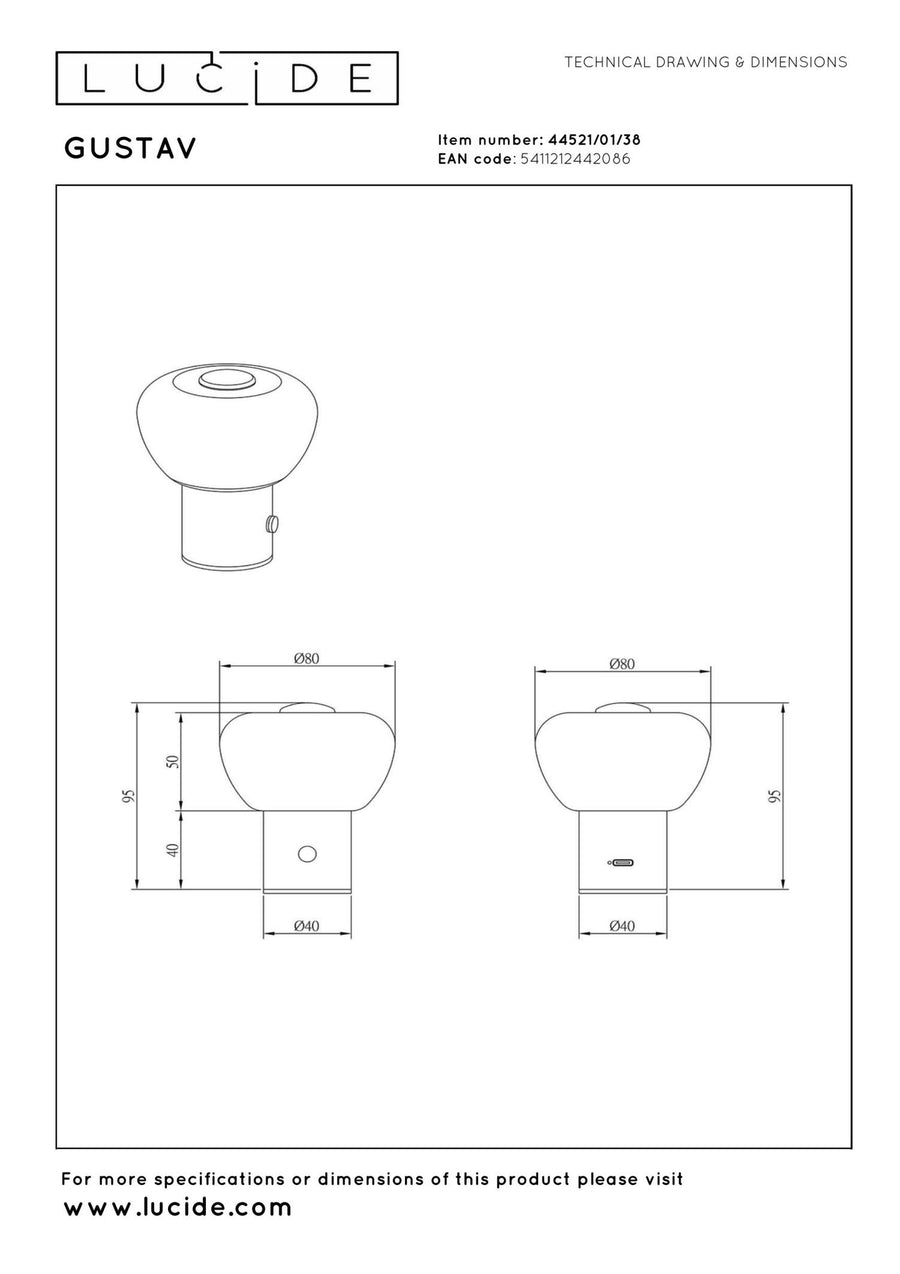 Lucide GUSTAV oplaadbare LED-tafellamp met dimfunctie, Ø 8 cm, 0,8 W, crème