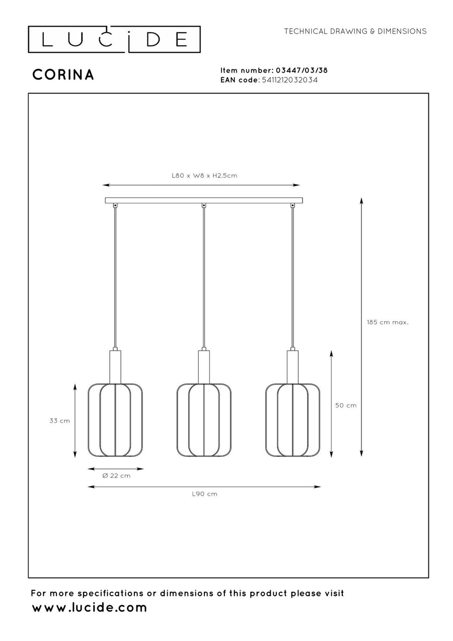 Lucide CORINA hanglamp 3 × E27, crème