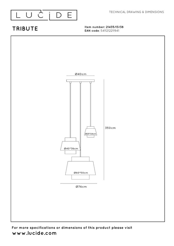 Lucide TRIBUTE hanglamp Ø 76 cm, 3 × E27, crème